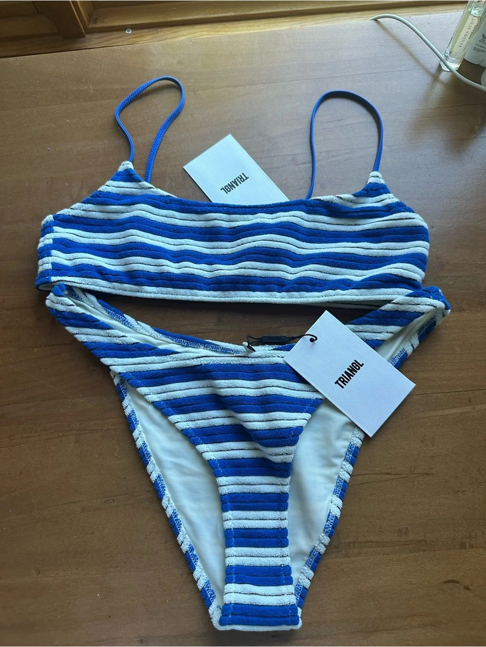 Triangl Swimwear Blue & White Striped Ribbed Bikini Top